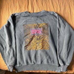 Anine Bing Gray Crewneck Sweater with Leopard Print